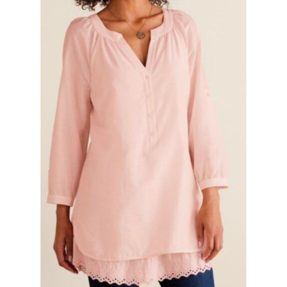 Soft Surroundings Womens Silk Blend Popover Tunic Top Pink Small Eyelet Lace PL